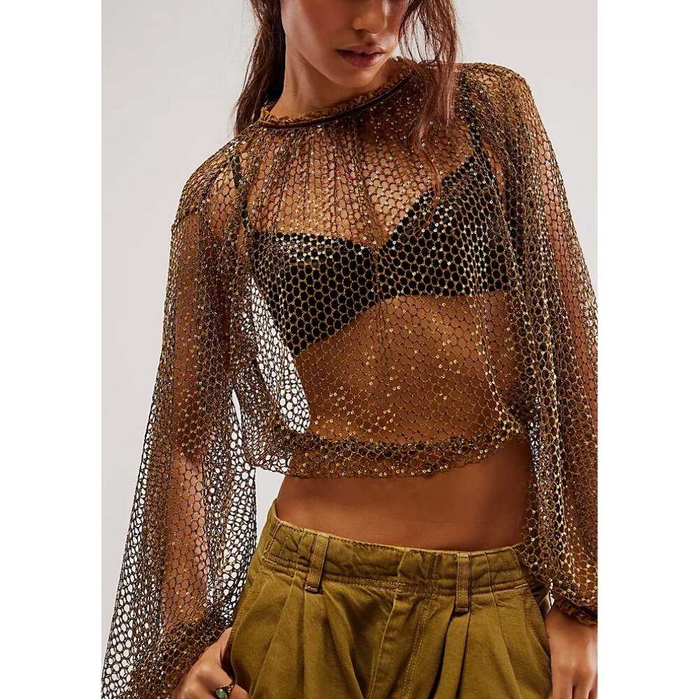 Free People Sparks Fly Sheer Metallic Gold Cropped Blouse